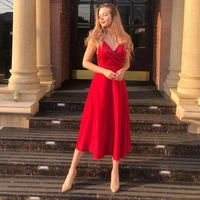 vintage red prom dress sleeveless for women 2022 v neck party gowns sexy backless tea length evening dresses custom made