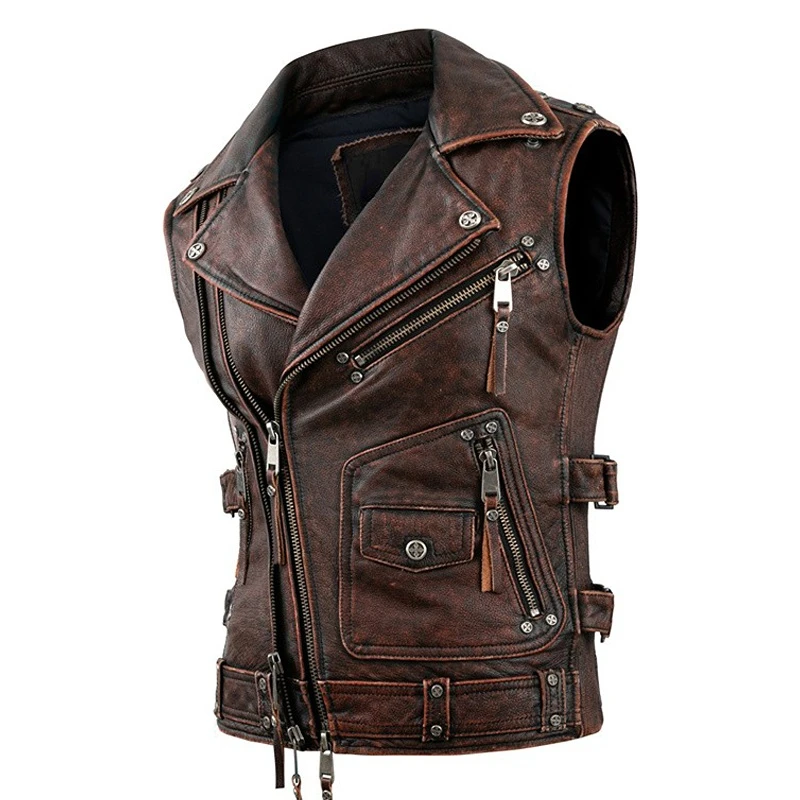 

Мужская винтажная мотоциклетная куртка, коричневый жилет из натуральной воловьей кожи без рукавов, байкерская куртка для верховой езды