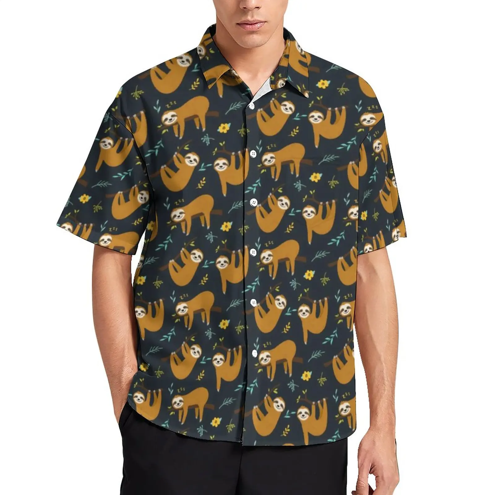 

Animal Print Beach Shirt Mens Adorable Sloths Casual Shirts Hawaiian Graphic Blouses Short-Sleeved Y2K Oversized Clothing Gift