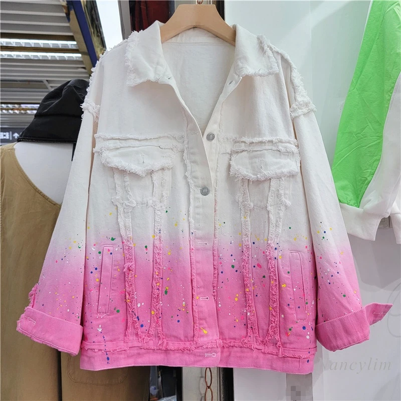 

Color Gradient Denim Coat for Women 2022 Spring New Ins Korean Style Loose Top White and Pink Stitching Jean Jacket Femme