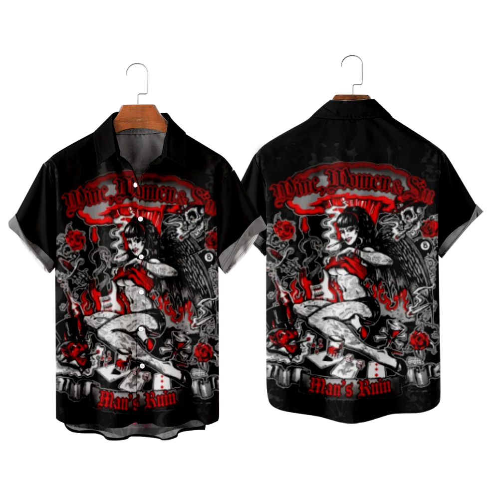 

Мужские рубашки, Y2K рокабилли художественный принт, гавайский шик Повседневный Американский винтажный стиль, летние рубашки