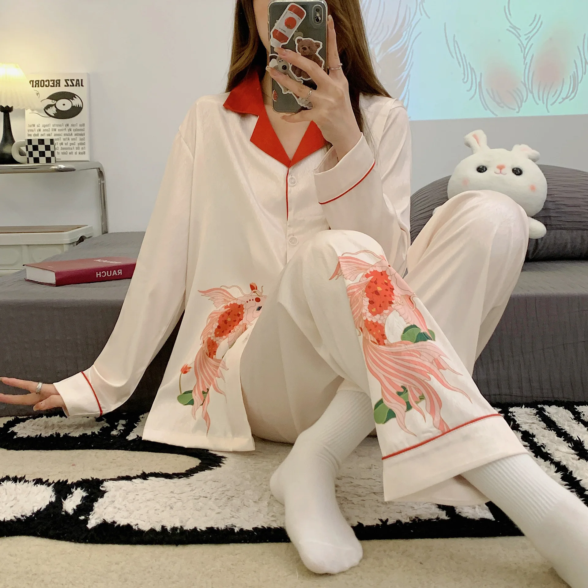 

Шелковая пижама, Женская ледяная с длинными рукавами, сезон снега и ледяного шелка, милый облегающий домашний костюм для лета 2023