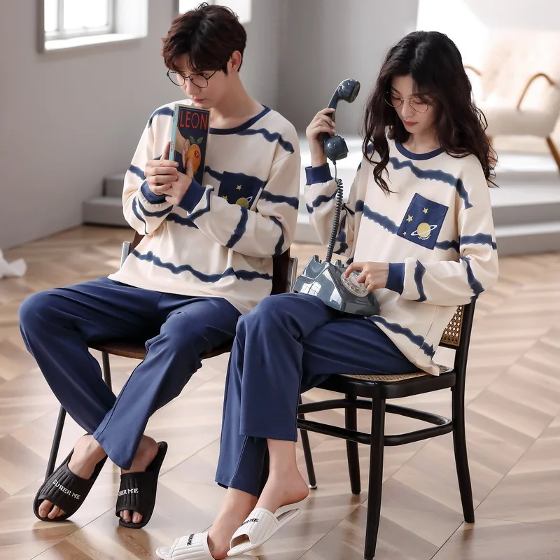 Yasuk Spring Autumn Fashion Women's Casual Soft Cotton Sleepwear Homewear Couple Pajamas Set With Pants Striped Couple Unisex