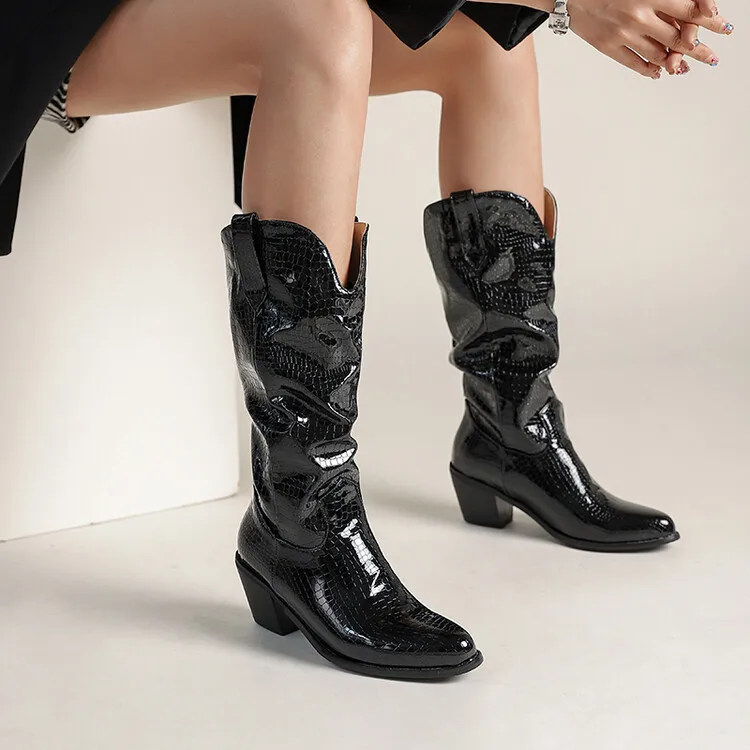 

Black Western Boots Women Wedge Heels Female Shoes 2022 Winter Big Size 46 Slip On Pointed Toe Cowgirl Boots Autumn Winter Boots