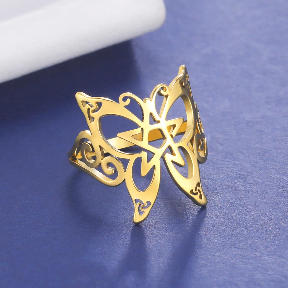 

Teamer Trend Butterfly Pentacle Rings for Women Stainless Steel Wiccan Pentagram Rings Animal Jewelry 2023 Mother's Day Gift