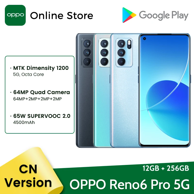 OPPO Reno6 Pro 5G Smartphone MTK Dimensity 1200 8GB 128GB 6.55 90Hz AMOLED Screen 64MP Quad Cams 65W SuperVOOC Reno 6 Pro Phone