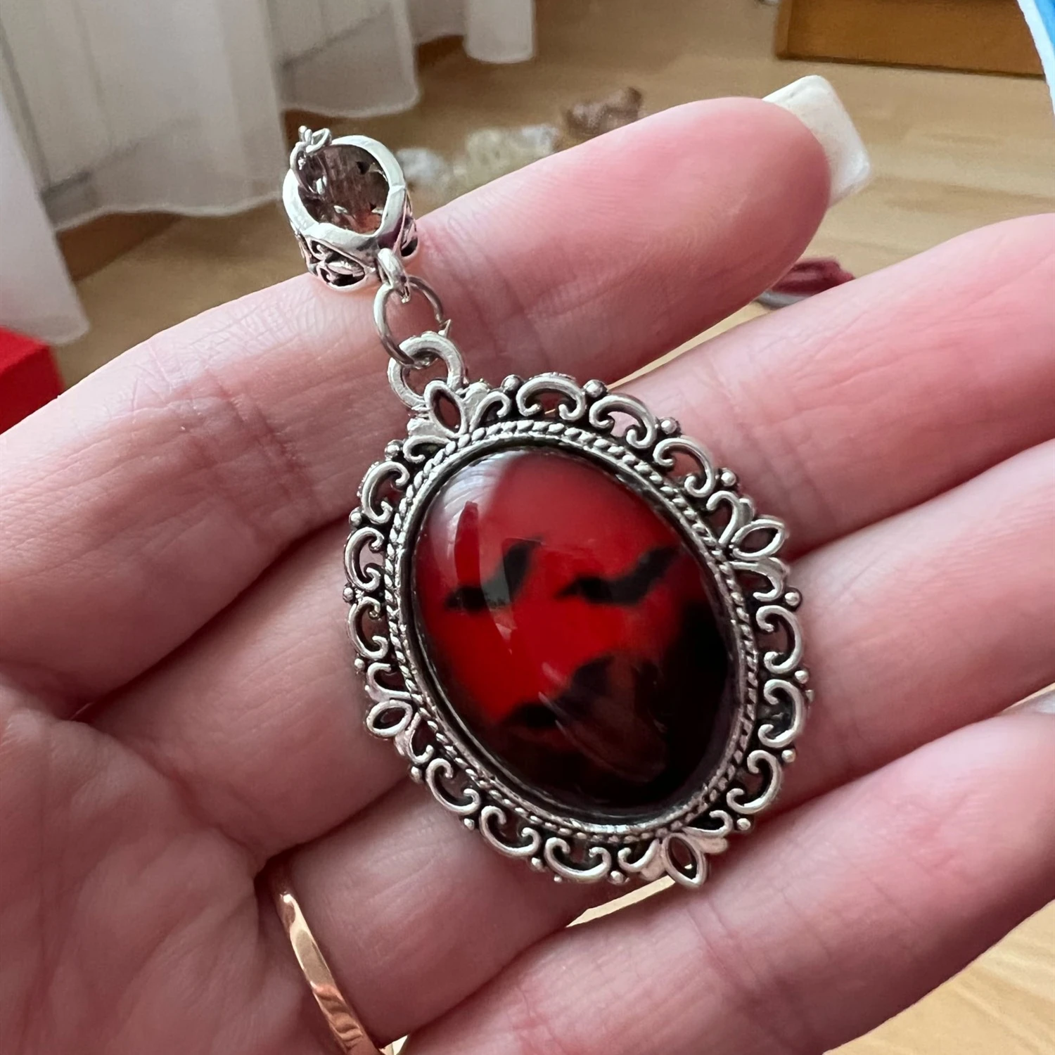 

Blood and Bat Dracula Inspired Resin Necklace Pendant, Black Bat and Witch Necklace,Witchcraft Necklace