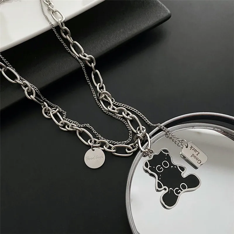 

Titanium Steel Double Layer Bear Pendant Necklace For Women Fashion Students Versatile Jewelry