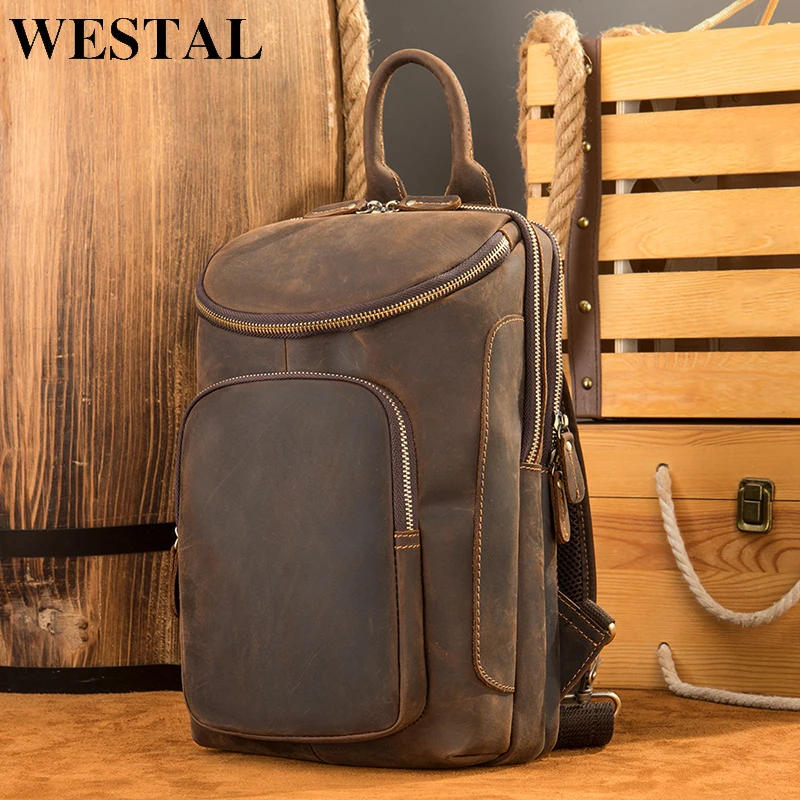 WESTAL Men's Chest Bags Vintage Chest Pack Crazy Horse Leather Crossbody Bag Men's Shoulder Bags Genuine Leather Sling Bag