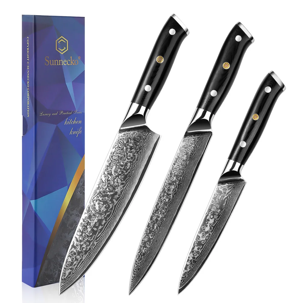 

SUNNECKO 3PCS Damascus Kitchen Knife Set Japanese Chef Slicing Paring Tools VG10 Steel Razor Sharp Cooking Knives G10 Handle