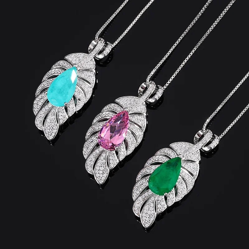 

Sparkling Cubic Zirconia Carved Crystal Emerald S925 Silver Leaf Pendant Necklace for Women Luxury Wedding Trendy Fine Jewelry