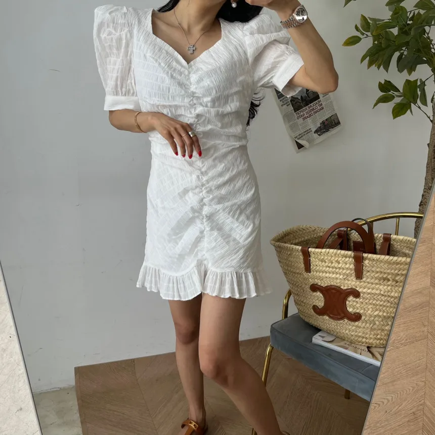 

Summer V-Neck Bubble Sleeve Fishtail Dress Waist Wrapped Dress