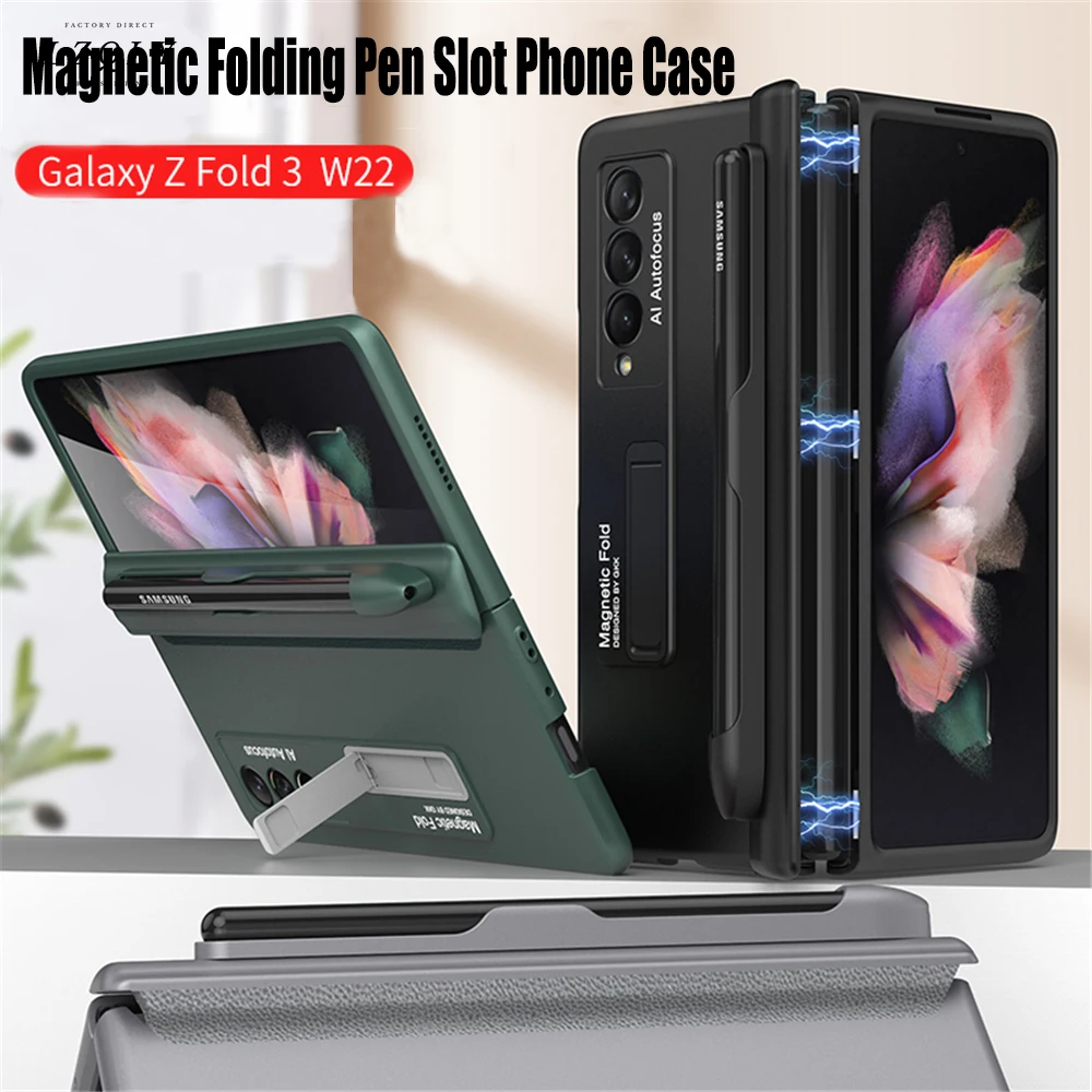 

Magnetic With S Pen Holder Stand Cover For Samsung Galaxy Z Fold 3 5G Case Protection Shockproof Phone Case Coque Funda（No Pen）