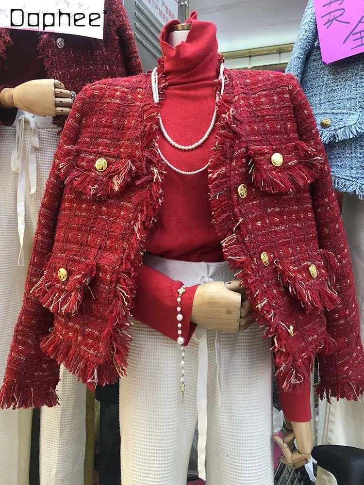 

Женская твидовая куртка во французском стиле, элегантная красная короткая куртка с кисточками на пуху, зима 2022