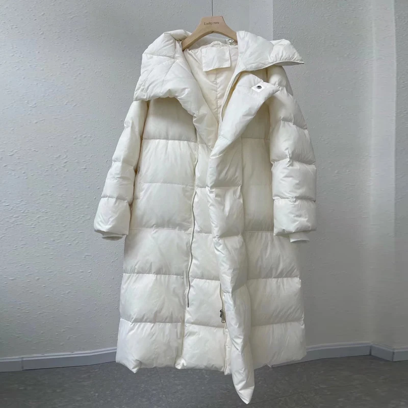 Korean style white women's parkas 2022 Winter Oversized warm Hooded down jacket with sashes Puffer coat Ladies Snow INKEO 2O097