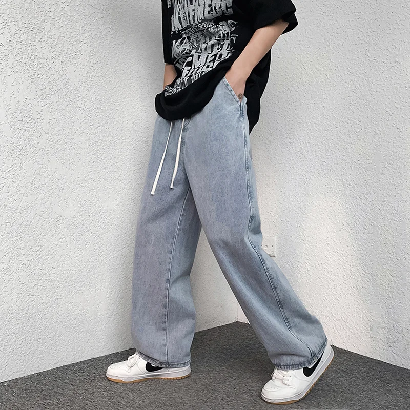 Blue Black Drawstring Baggy Jeans Men Fashion Casual Wide Leg Jeans Men Streetwear Loose Hip Hop Straight  Denim Pants Men M-5XL