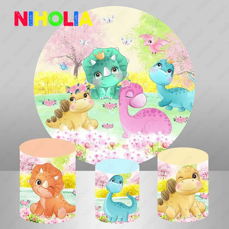 

Niholia Dinosaur Spring Floral Birthday Circle Photography Backdrop Jurassic World Photo Background Pink Round Photo Booth Props