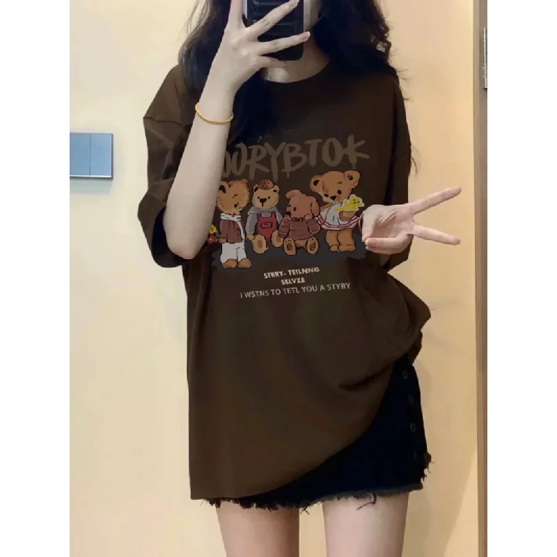 

Spot Short Sleeve Women's Summer National Fashion American Vintage Letter Print Versatile Casual Loose Half Sleeve T-shirt Top C