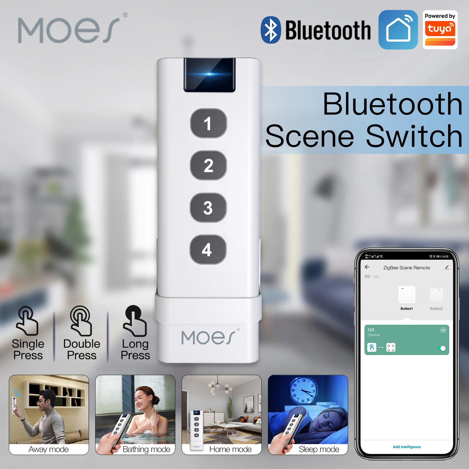 

MOES Tuya Smart Bluetooth Wireless 4 Gang Scene Remote Portable Controller APP Smart Home Automation Scenario for Devices