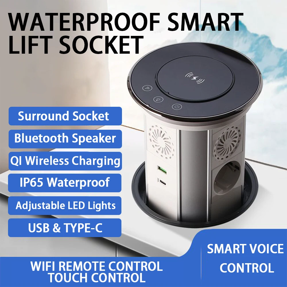 

EU WiFi Smart Electric Waterproof Lift Socket Table Countertop Wireless Charging With Bluetooth Speaker Socket Voice Control