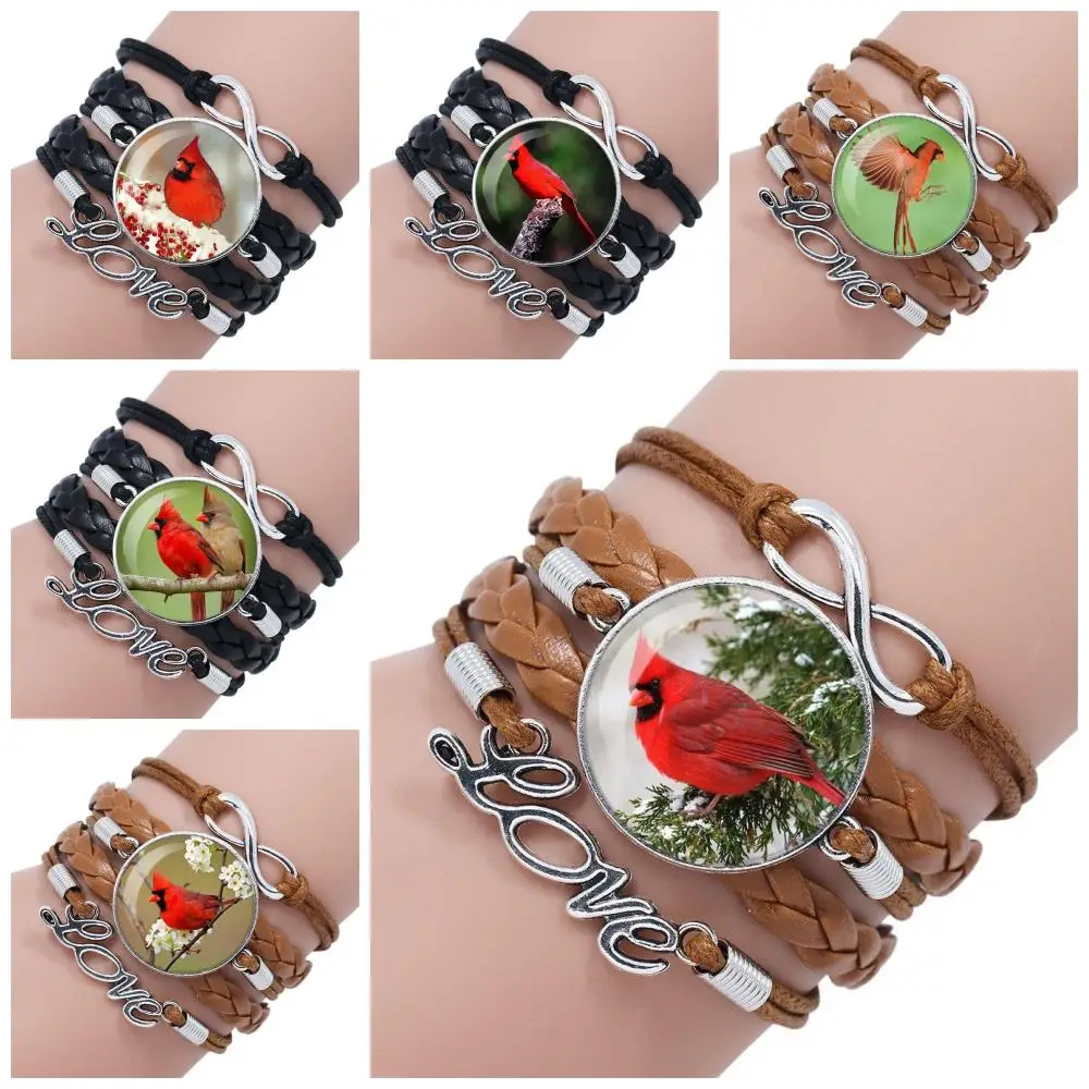 Многослойный кожаный браслет с изображением кардинала и птицы |