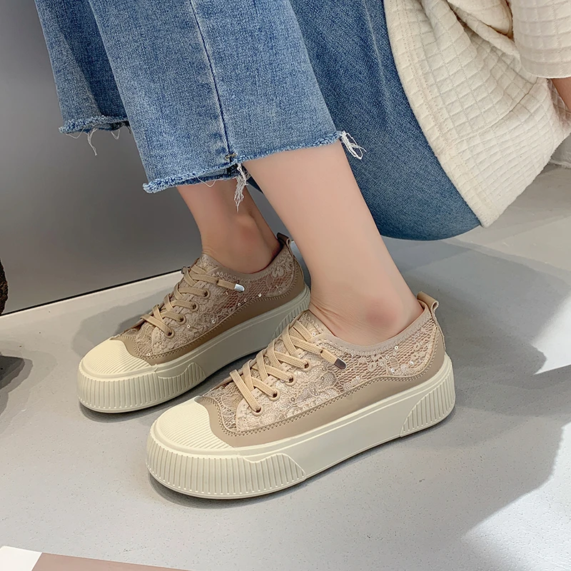 

Women Sneakers Lace Up Fashion Summer Casual Black Shoes Cutouts Lace Canvas Hollow Breathable Platform Flats Zapatos Mujeres