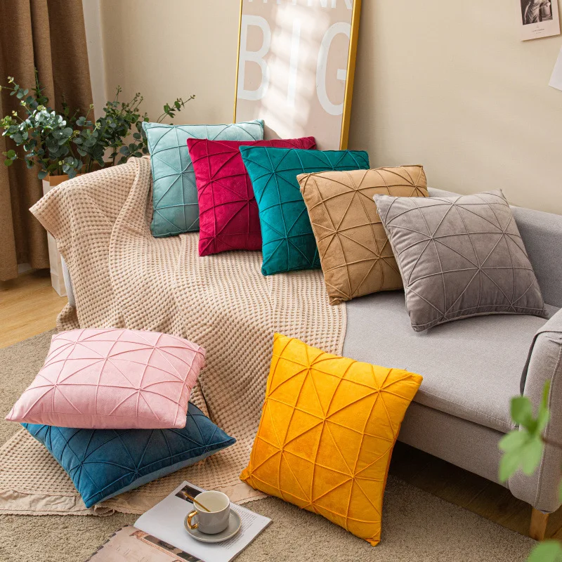 

Velvet Yellow Blue Pink Pillowcase Luxury Plush Square Fabric Stripe Office Chair Cushion Cover Pillows Decor Home Throw Pillow