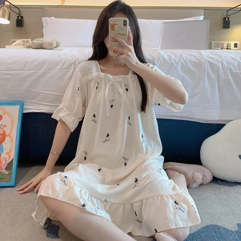 Женская ночная рубашка с квадратным вырезом и бантом летняя тонкая мягкая