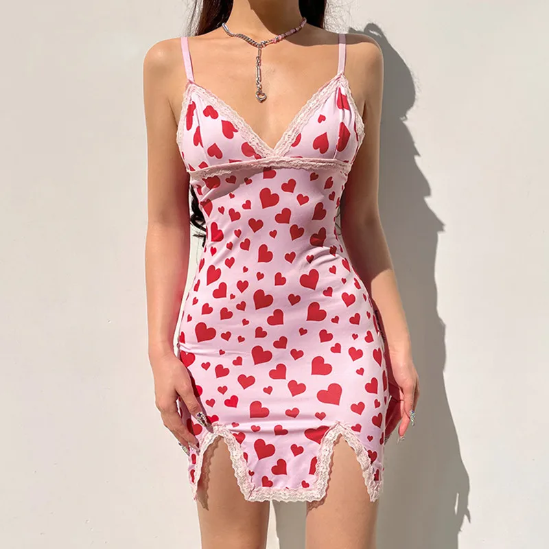

Women Heart Pattern Y2K Bodycon Dress Summer V Neck Sling Straps Split Mini Vestidos Sexy Ladies Backless Lace Trim Streetwear