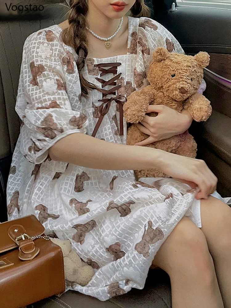 

Платье принцессы в японском стиле сладкой Лолиты, женское милое Бандажное мини-платье с мультяшным медведем и пышными рукавами, милое празд...
