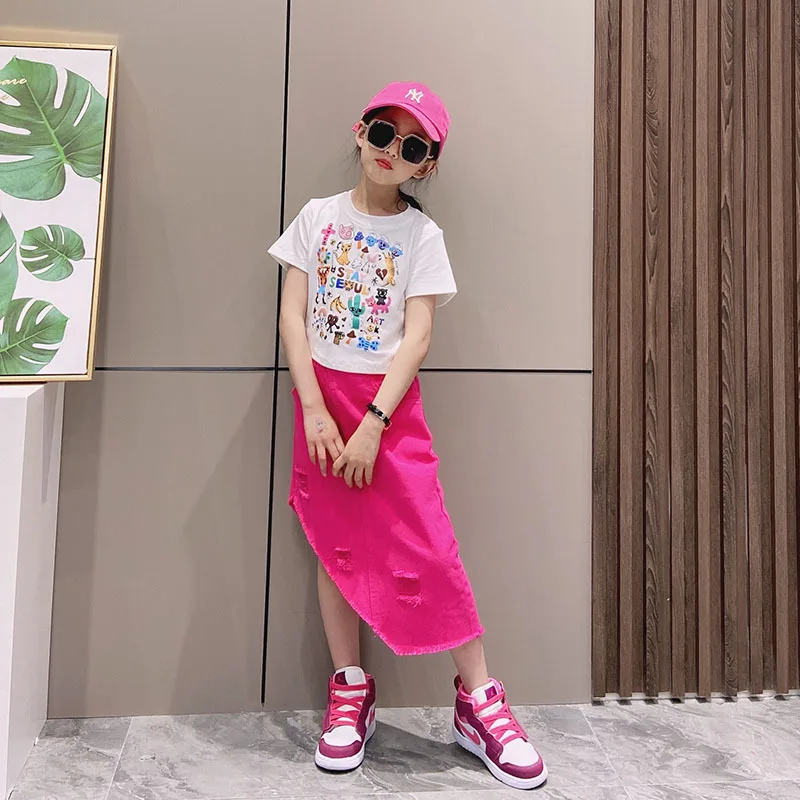 

2022 summer new girls' skirts, cotton slanted skirts, denim skirts