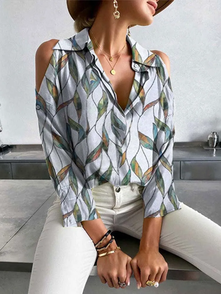 

Офисная пикантная блузка на пуговицах с открытыми плечами, элегантная Свободная рубашка с отложным воротником и длинным рукавом, женские т...