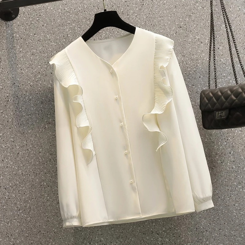 

Large Size Women Solid Color Chiffon Blouse Spring 2022 Pleated Edible Tree Fungus Patchwork V-Neck Long Sleeve Ladies Shirts
