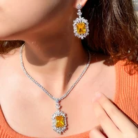 threegraces shiny yellow cubic zirconia big square chunky earrings necklace luxury wedding bridal jewelry set for women tz743