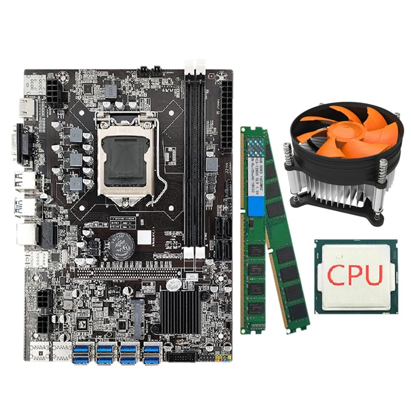 B75 ETH Mining Motherboard+Random CPU+Cooling Fan+2X8G DDR3 1600Mhz RAM Support DDR3 B75 USB BTC Miner Motherboard