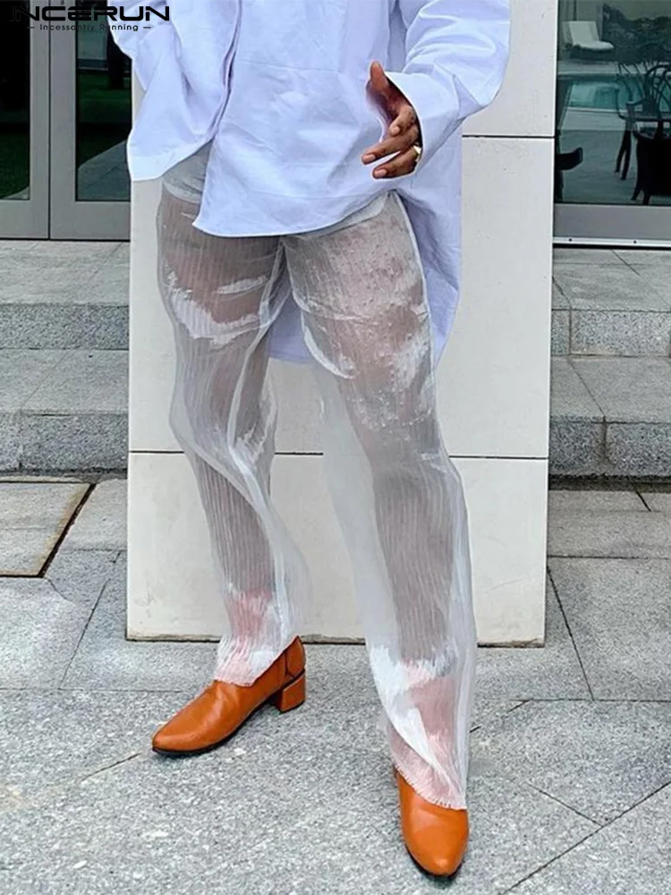 

INCERUN Tops 2022 American Style Party Shows New Men's Pantalons Fashion Casual Male Solid See-through Mesh Thin Trousers S-5XL