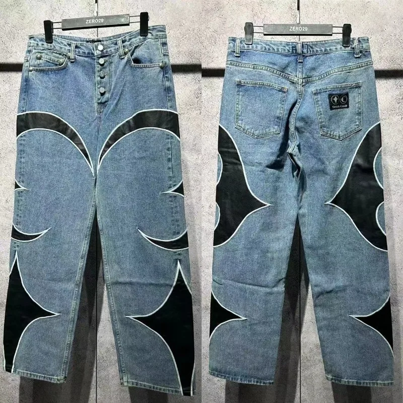 Новые джинсы American High Street THUG CLUB кожаные прямые с вышитым логотипом мужские и