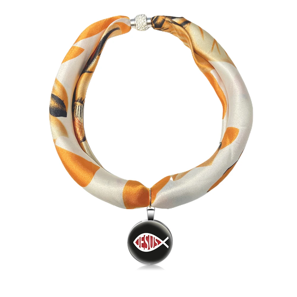 

Luxury Brand Pendant Necklace Silk Scarf Bohemia Women Hijab Female Silver Alloy Glass Accessories Gift Fish Printing
