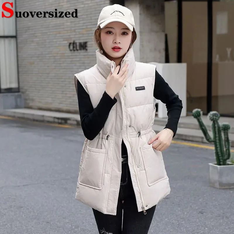 

Winter Women Slim Cotton Vests Oversized Drawstring Waistcoat Korean Women Warm Casual Elegant Windbreak Sleeveless Jackets