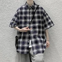 summer cotton plaid shirt men fashion retro casual shirt mens streetwear korean loose oversized short sleeve shirt men m 2xl