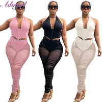 2022 fitness sporty tracksuit women sheer mesh two piece set casual halter lace up corset crop tops leggings pants outfit bikers