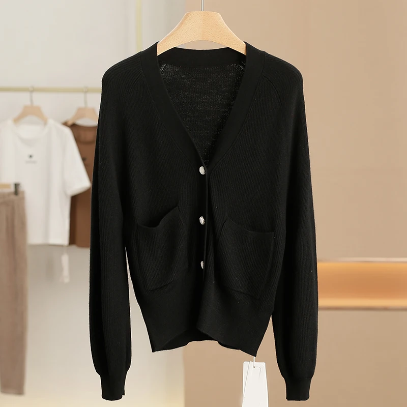 Xking [Di] Эластичный и удобный шерстяной однотонный вязаный кардиган ~ 2024 осенняя