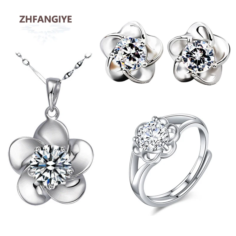 Fashion Rings Necklace Stud Earrings 925 Silver Jewelry Set with Zircon Gemstone Flower Shape Accessory for Women Wedding Party