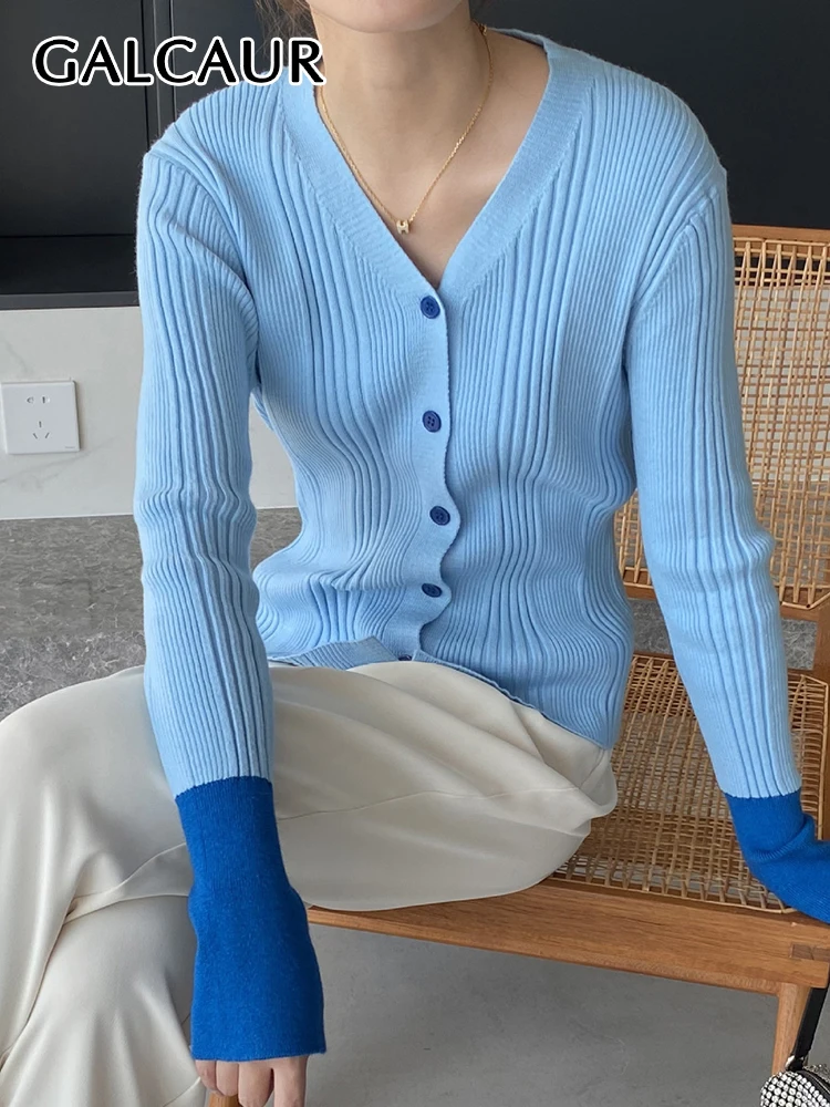 

GALCAUR Knitting Sweaters For Women V Neck Long Sleeve Patchwork Single Breasted Slimming Hit Color Autumn Sweater Female New