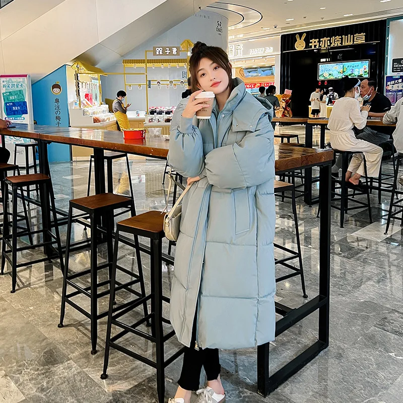 2022 Korean X-Long Jacket Women Winter Parkas Solid Color Hooded Thicken Warm Female Snow Wear Coat Padded Loose Clothes