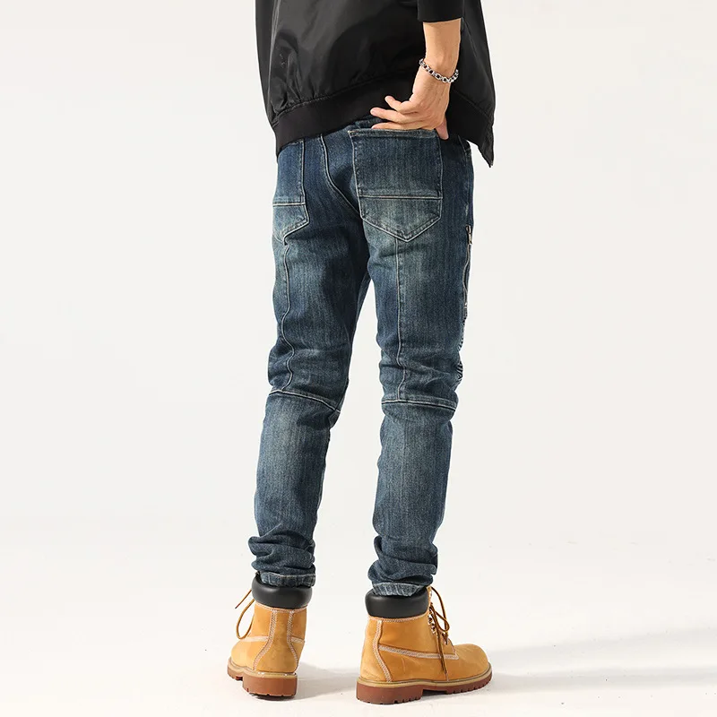 Street Fashion Men Jeans Retro Blue Spliced Designer Slim Fit Elastic Biker Jeans Men Punk Trousers Patched Hip Hop Pants Hombre