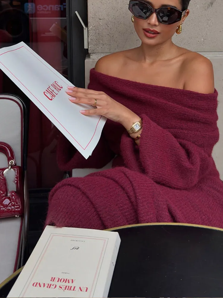 Модный винно-красный вязаный свитер с длинными рукавами элегантный мягкий