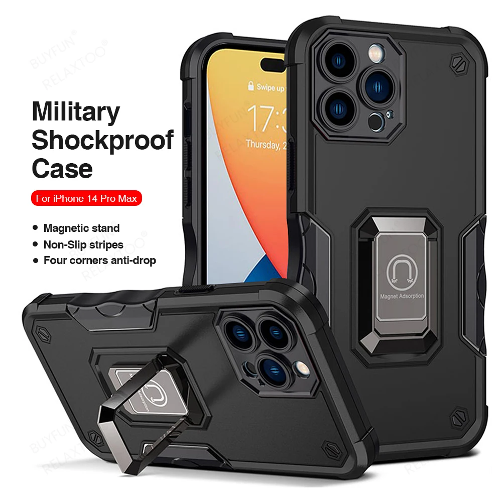 

Армированный Магнитный чехол для iPhone 14 Pro Max 14Plus 13 Pro Max 12 iphone 11 Pro Max с металлическим кольцом-держателем