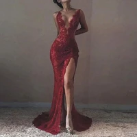 sexy red lace evening dresses backless v neck high split long vintage prom gowns illusion sheer formal night party dress robe de