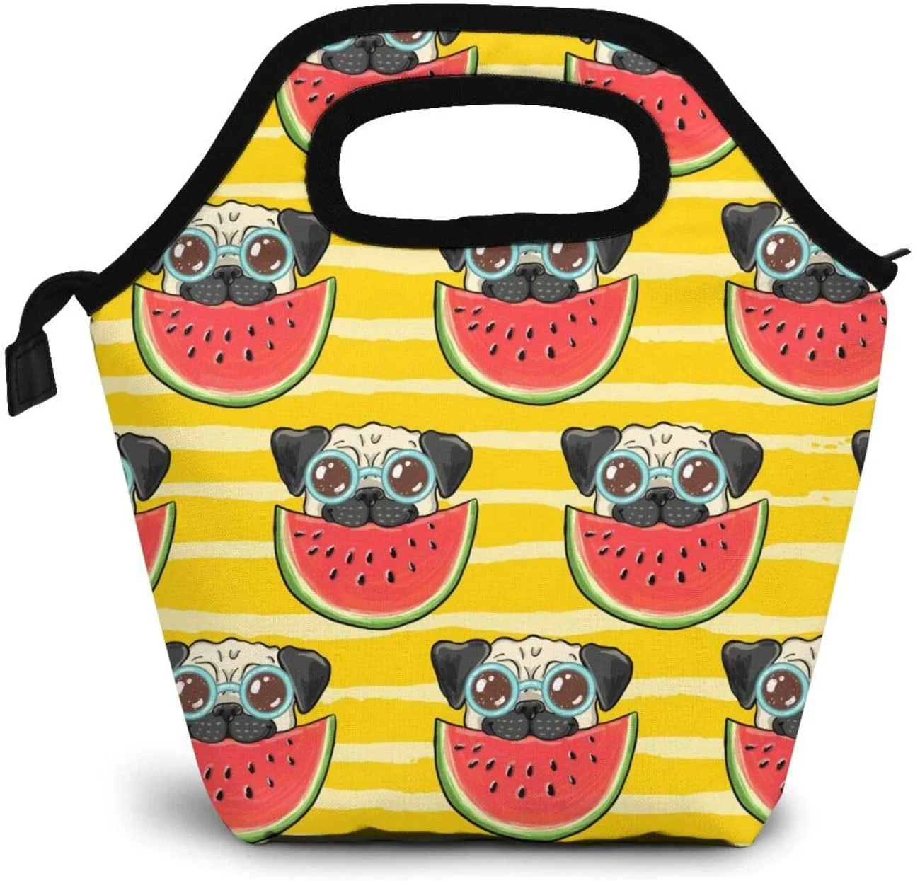 

Funny Pug Dog Eating Watermelon Lunch Bag Insulated Lunch Box Cooler Tote Handbag Food Container Gourmet Tote